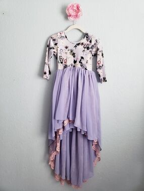 Pleiades Lilac Purple Floral Velvet Long Sleeve Chiffon Hi Low Tiered Puff Gown